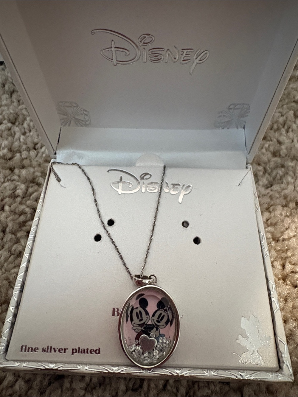 Disney Silver-Plated Pink Mickey & Minnie Oval Pendant Necklace